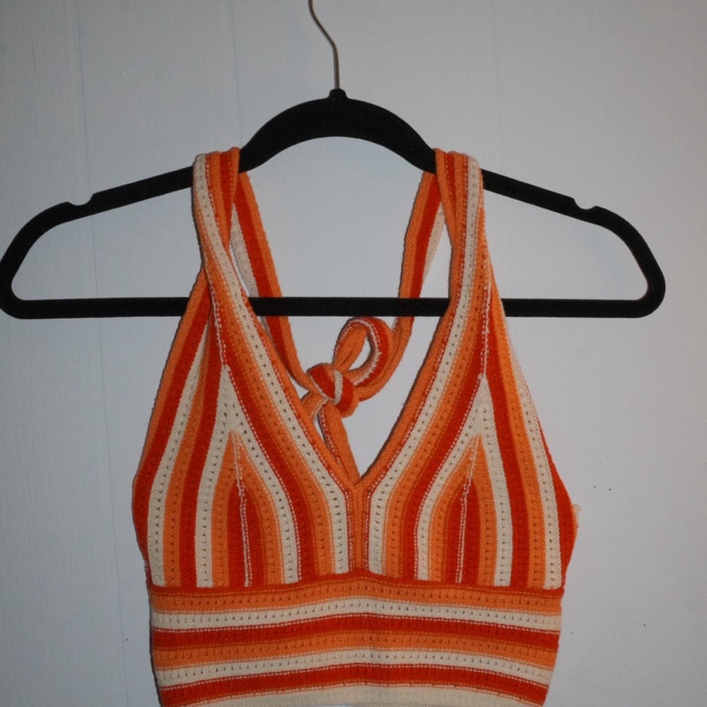Striped Orange and Cream Knit Halter Top
